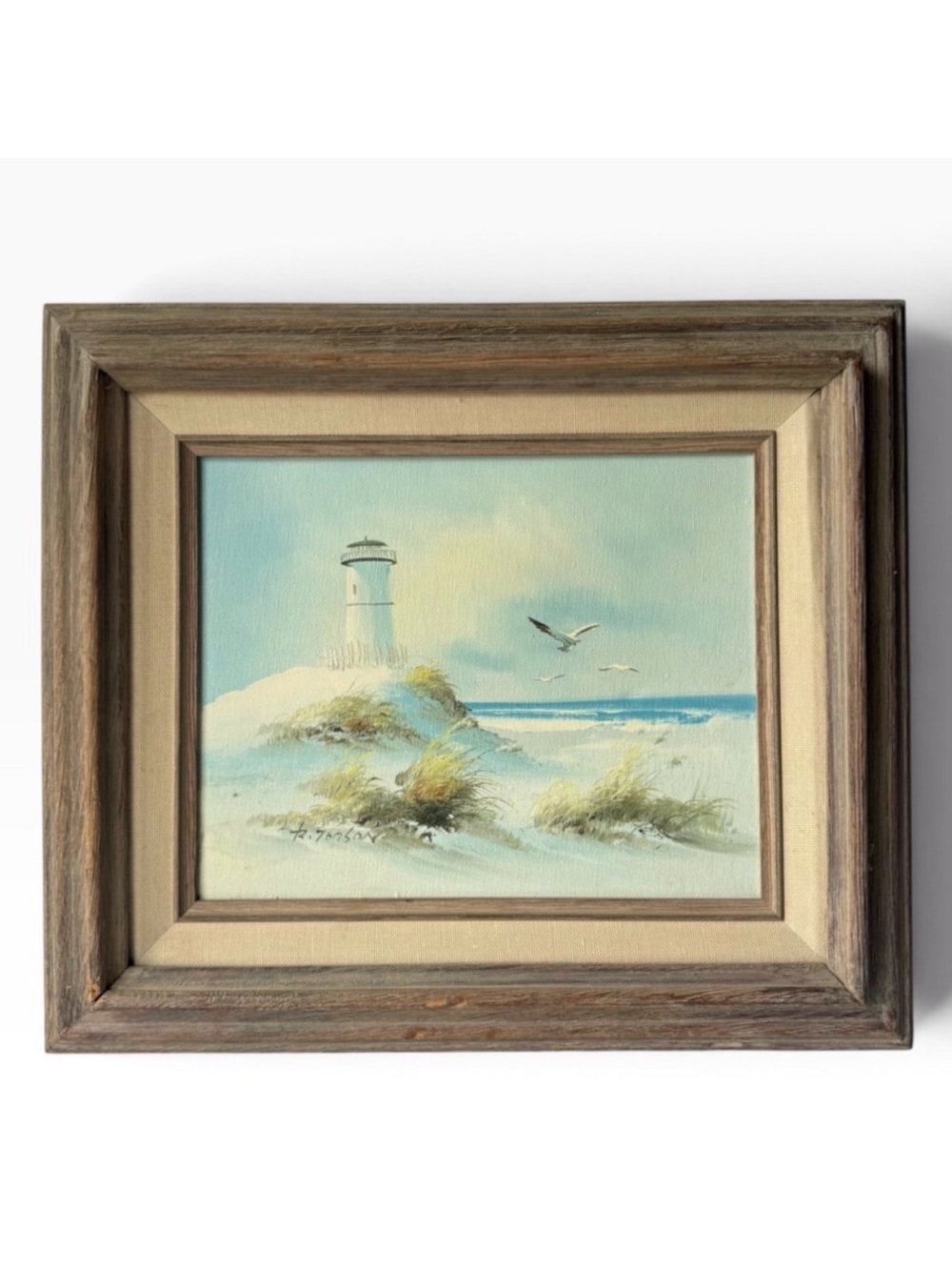 Vintage Original Seascape Lighthouse Sand Dunes Coastal Painting Signed 8x10